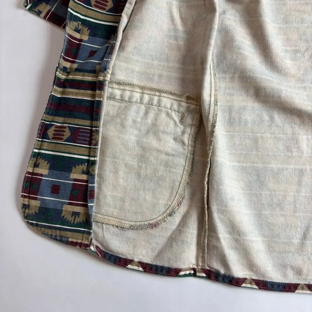 Vintage 90s Cotton Denim Jacket Aztec Tribal Southwestern Boho Jean USA Vivaldi